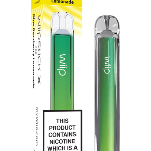 Wiipstick X disposable vape e-cigarette, Blue Razzberry Lemonade flavor, green device, up to 700 puffs, shown with nicotine warning packaging.